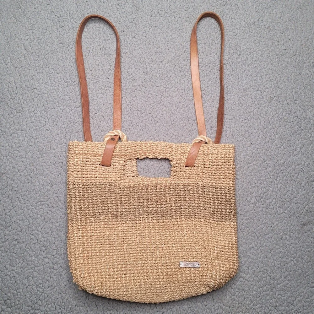 Vintage Esprit Backpack Tan Straw Raffia Woven Boho Leather Strap Beach 90s Y2K